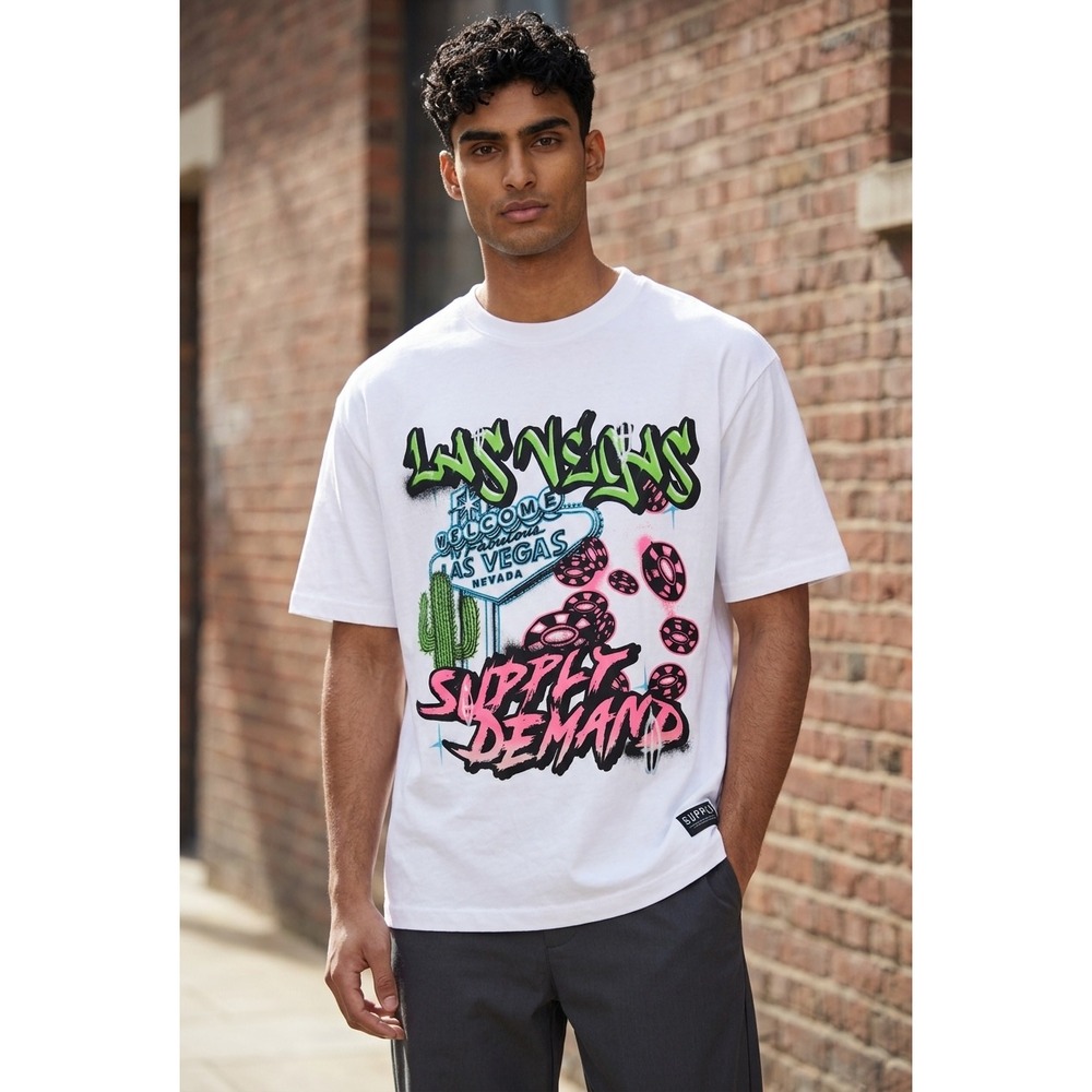 #019 Supply & Demand NYC Las Vegas Graphic Tee White Mens Small SUM17365 NWT